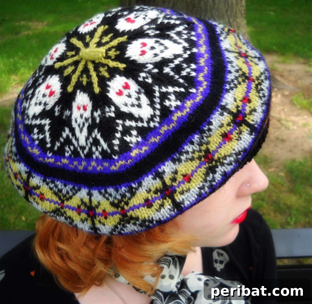 Customizable Scare Isle Hat featuring spooky Halloween-themed Fair Isle motifs