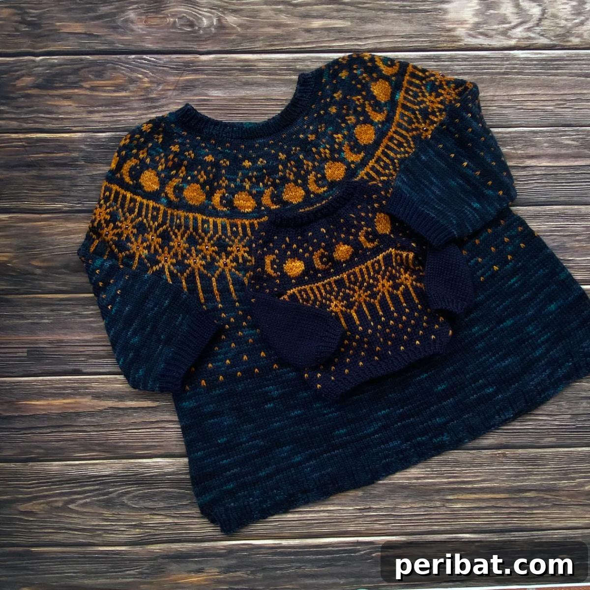 Astraeus Sweater, Hat, and Cowl with a starry night sky colorwork pattern
