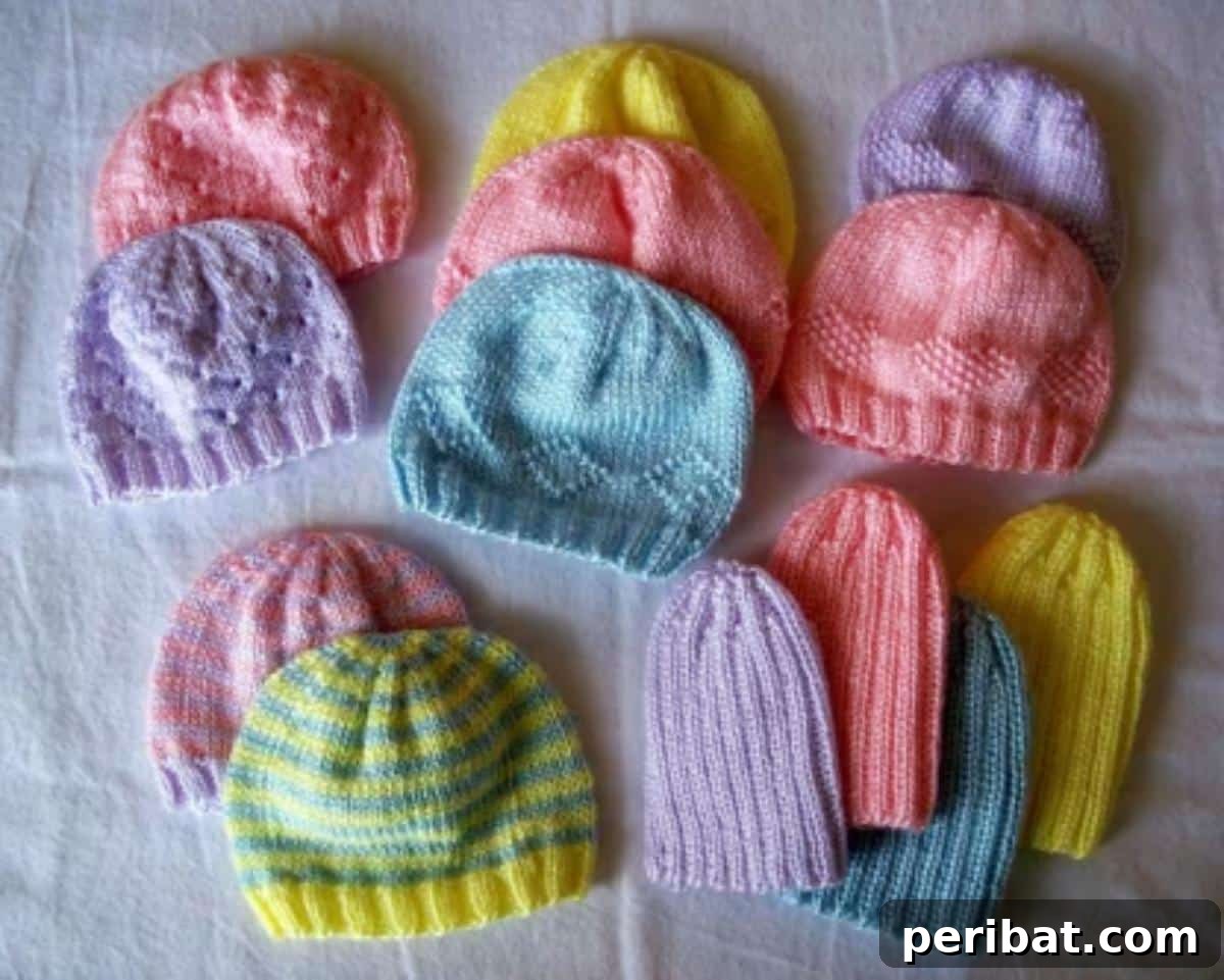 Collection of colorful Preemie Hats for Charity, some with simple colorwork bands
