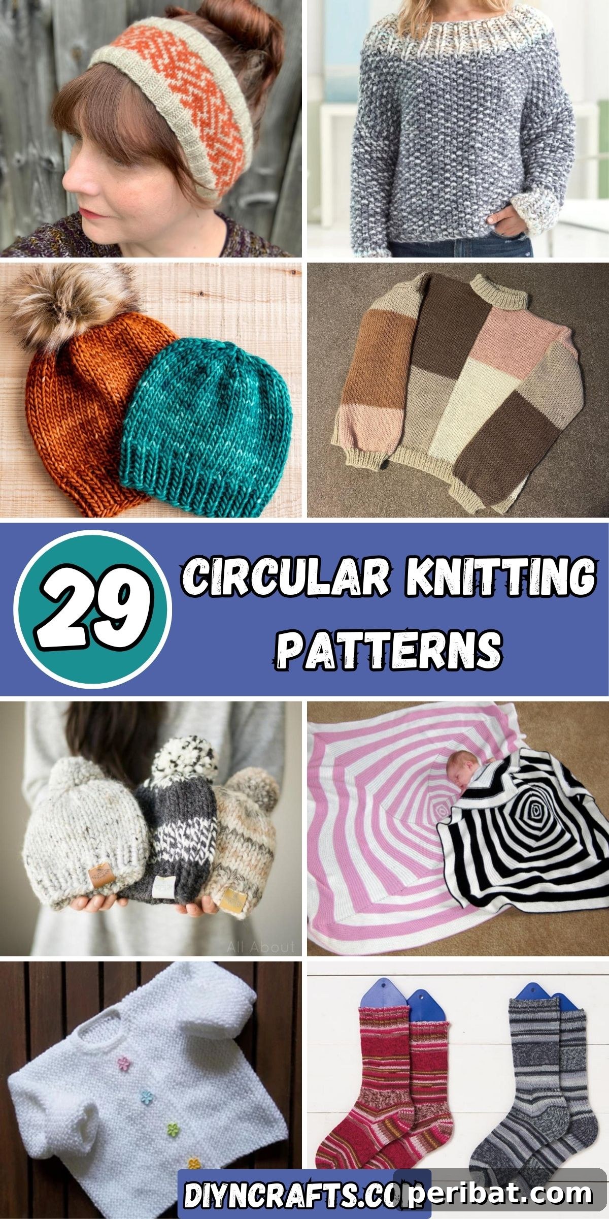 29 Inspiring Circular Knitting Designs 2 A vibrant collage featuring 29 diverse circular knitting patterns, including hats, scarves, socks, and sweaters, showcasing different textures and colors. A perfect visual representation of the comprehensive guide to knitting projects.