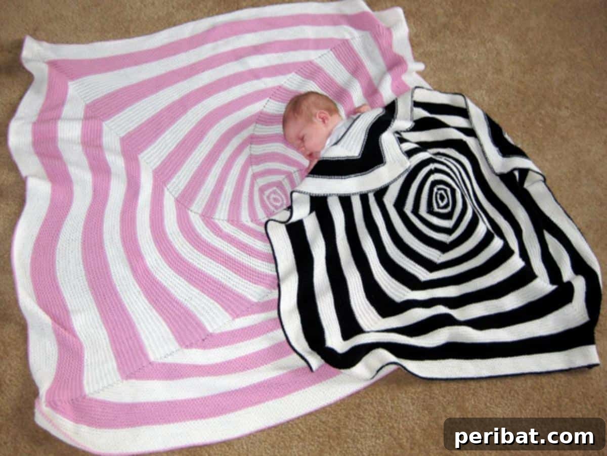 29 Inspiring Circular Knitting Designs 11 A vibrantly colored knitted blanket or garment section, showcasing an Optical Art Knitting Pattern with mesmerizing geometric designs, made from super soft merino wool.