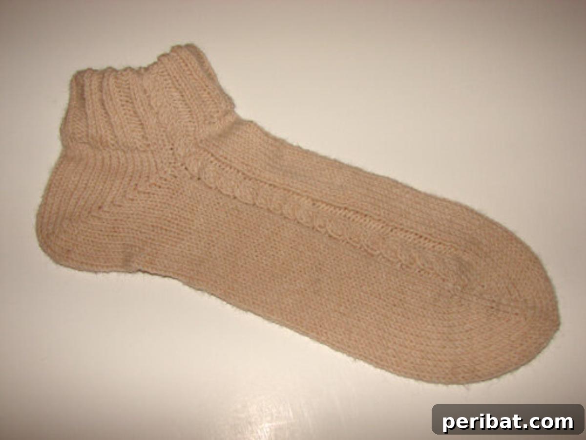 29 Inspiring Circular Knitting Designs 13 A single, meticulously knitted toe-up sock on circular needles, demonstrating the seamless construction and potential for personalization with stripes and colors.