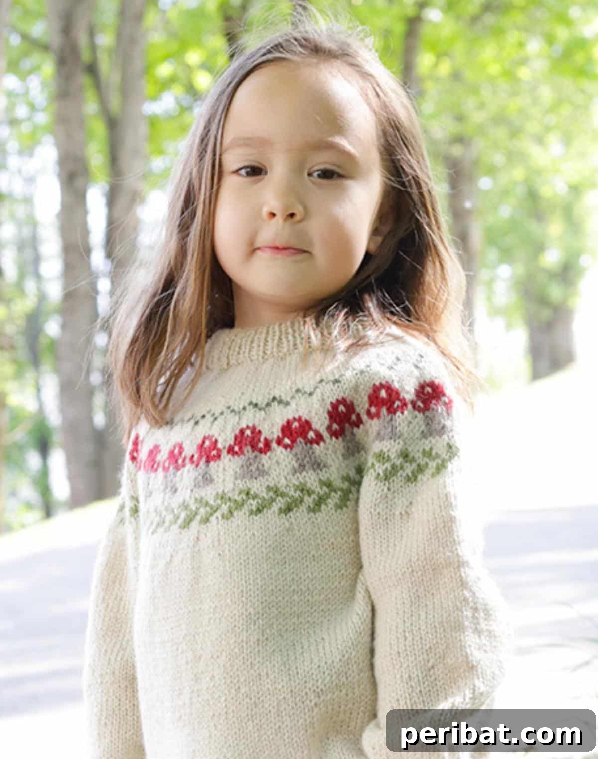 29 Inspiring Circular Knitting Designs 24 A adorable Mushroom Season Sweater for children, featuring a delightful jacquard pattern reminiscent of Scandinavian motifs, crafted with soft, cozy yarn for ultimate comfort.
