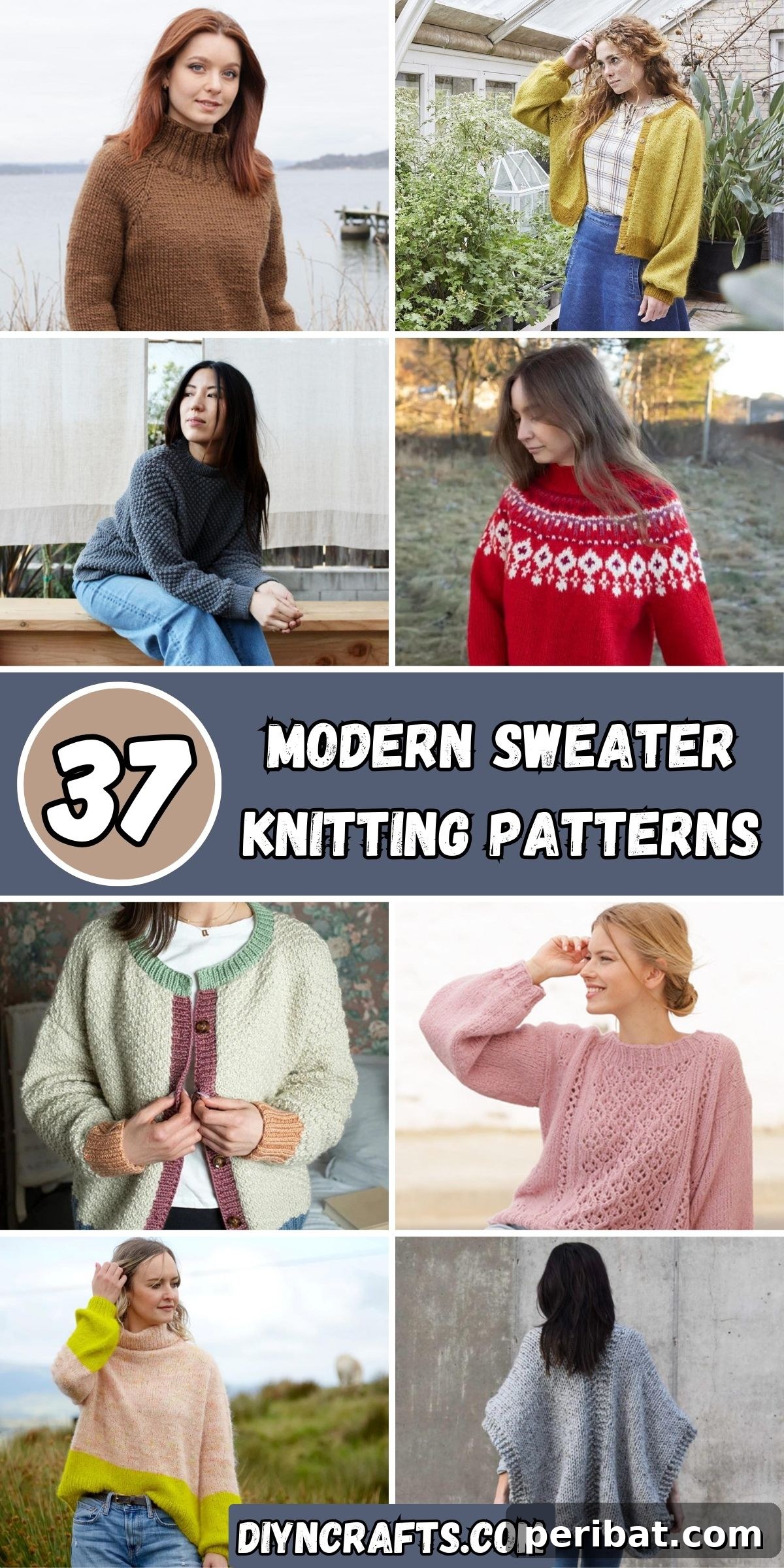 37 Modern Sweater Knitting Patterns collage showcasing diverse styles from pullovers to cardigans and various textures.