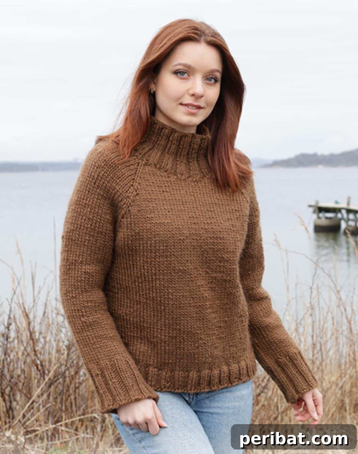 Autumn Amber Sweater, a top-down raglan with a beautiful cable pattern.