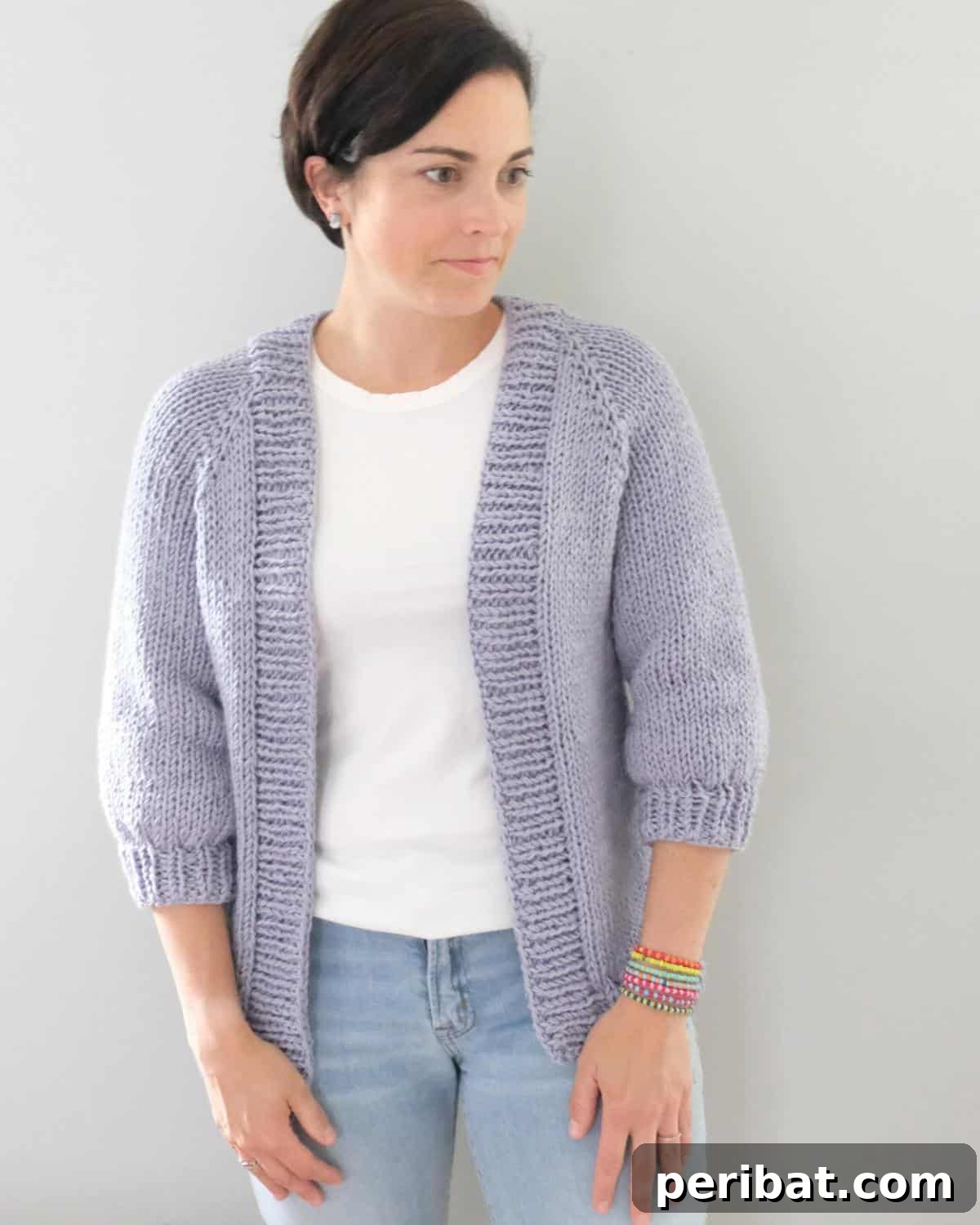 Shores Cardigan, a versatile layering piece with cropped sleeves.