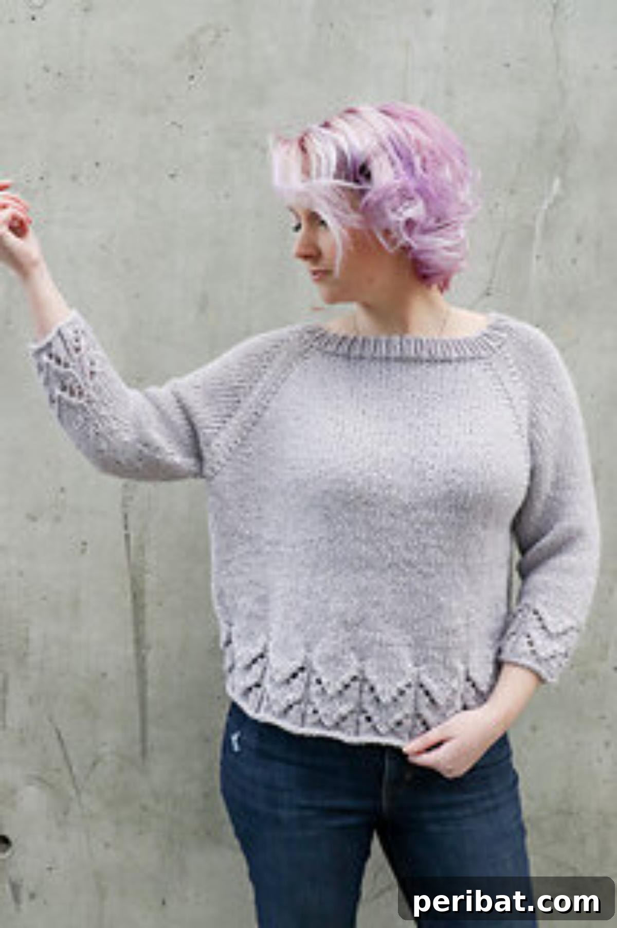Easy Top-Down Raglan Sweater, a beginner-friendly light sweater with garter stitch and eyelet details.