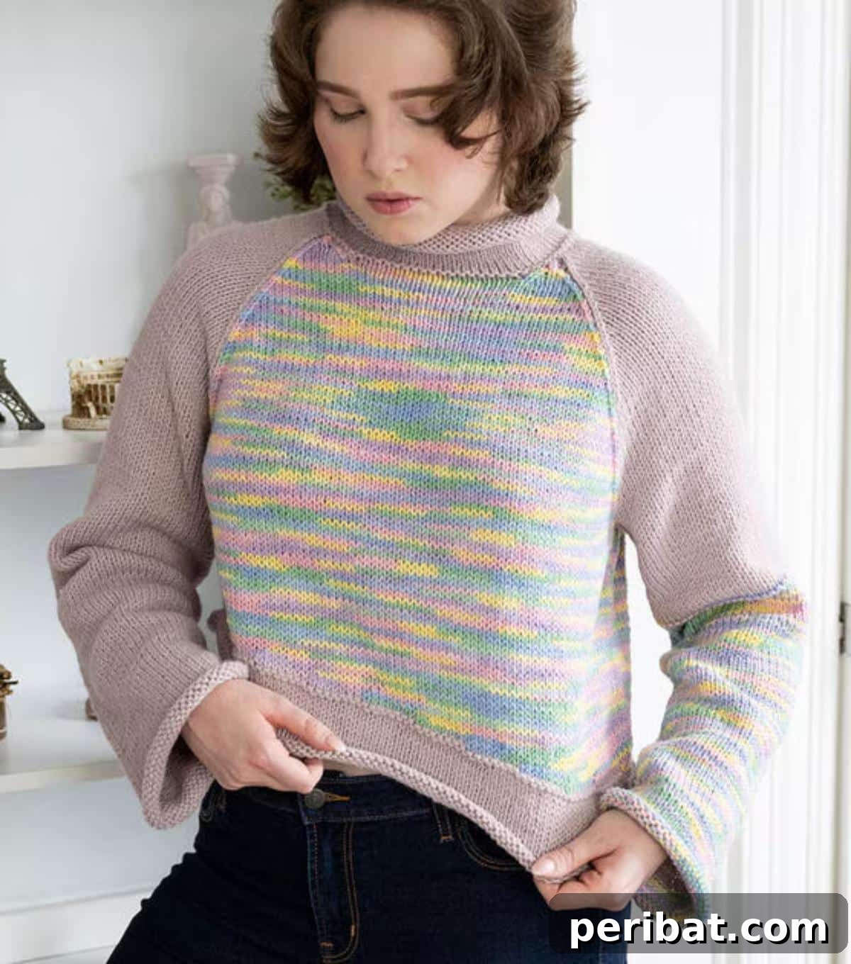 Strathmere Sweater, a multi-colored knit with a unique asymmetrical design.