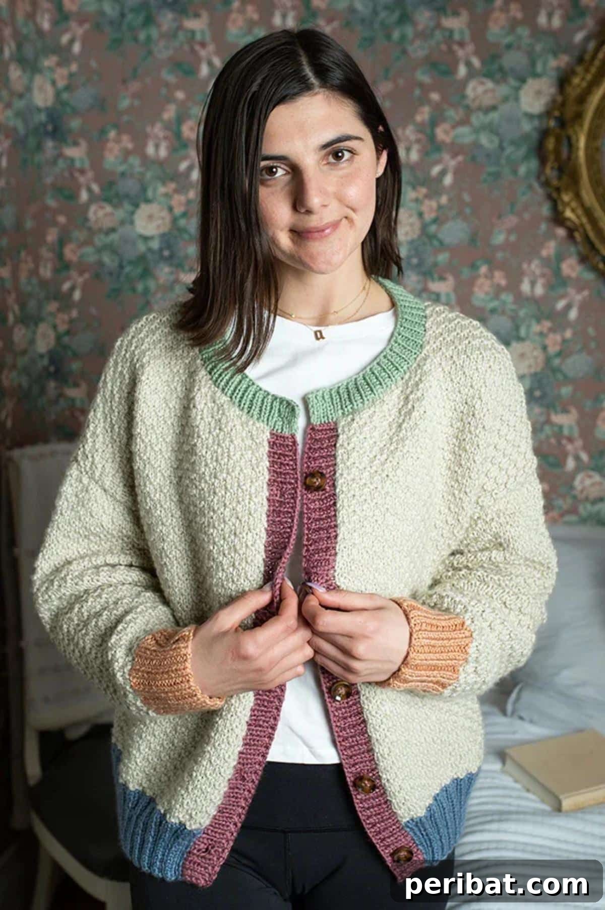 Allie Cardigan, a timeless knit pattern with textured details and a button front.