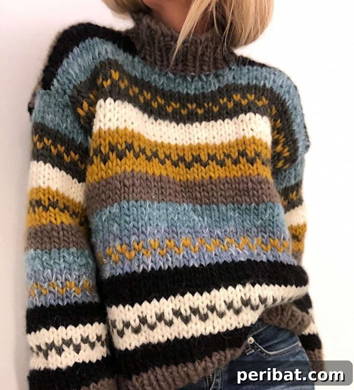 Fall Wool Sweater, a stylish, multi-colored autumn knit that pairs well with jeans.