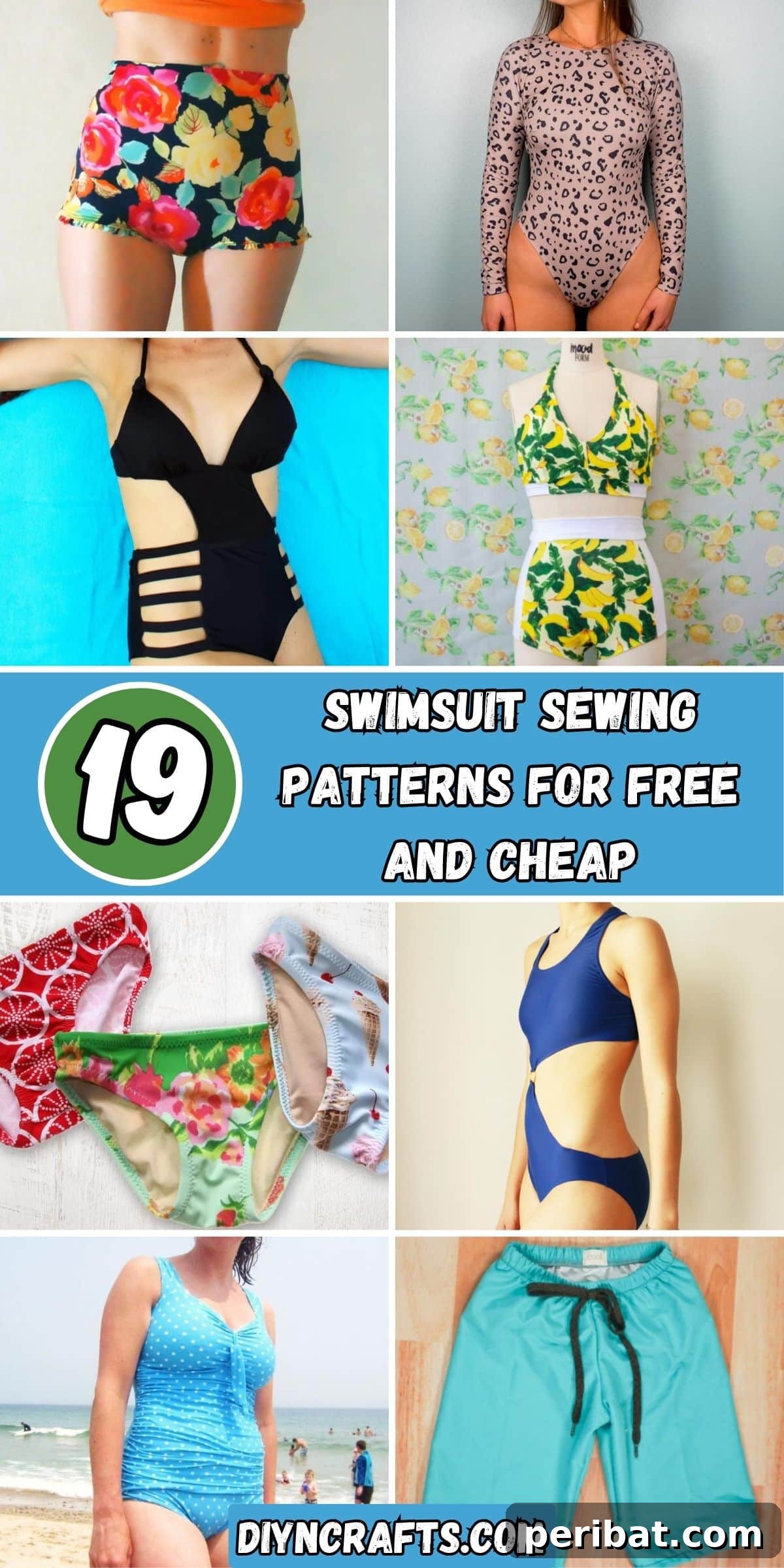 19 Swimsuit Sewing Patterns for Free and Cheap collage. A collection of diverse swimsuit designs including bikinis, one-pieces, and swim trunks, all suitable for DIY sewing projects.