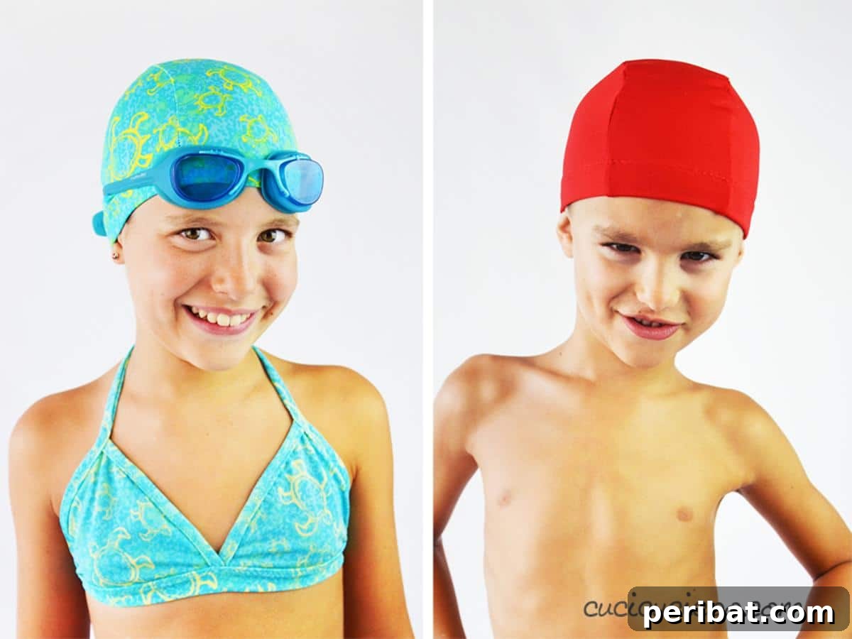 A collection of colorful swim caps suitable for both kids and adults, designed for a perfect, custom fit.