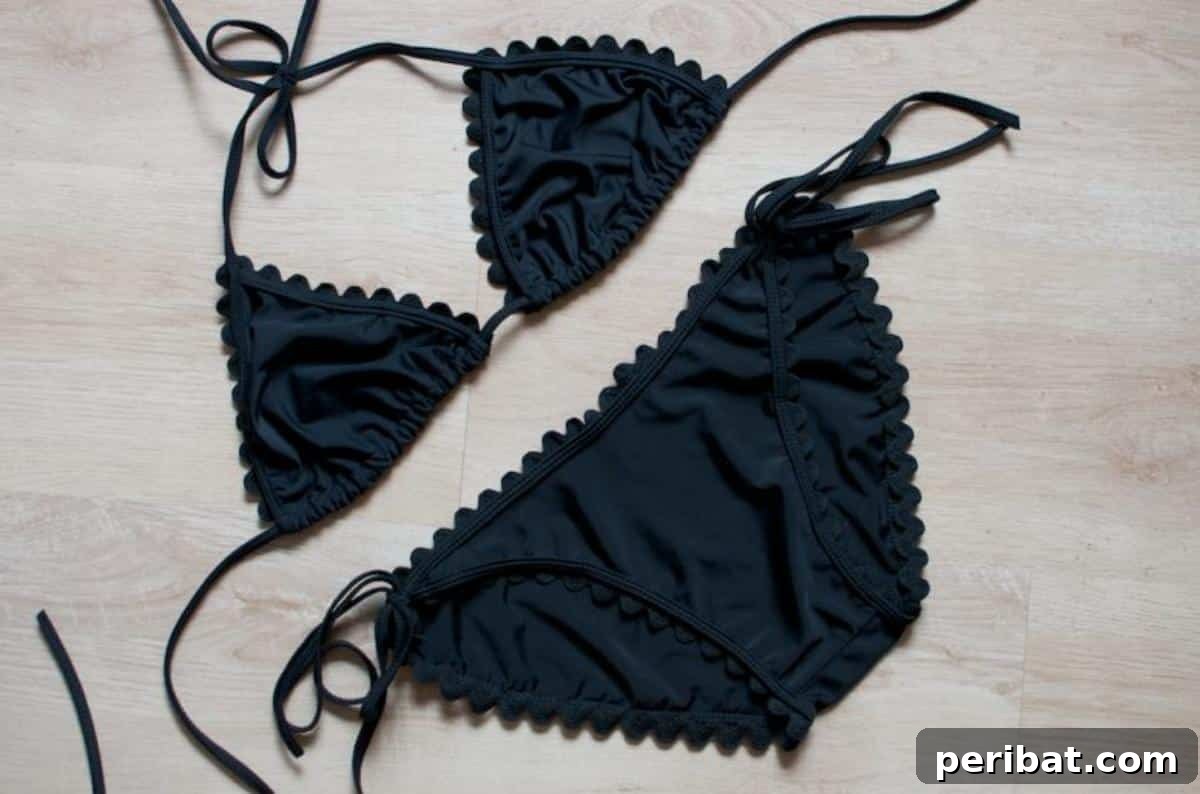 A charming DIY Chloe-inspired two-piece bikini with delicate scalloped edges and a timeless design for a flattering fit.