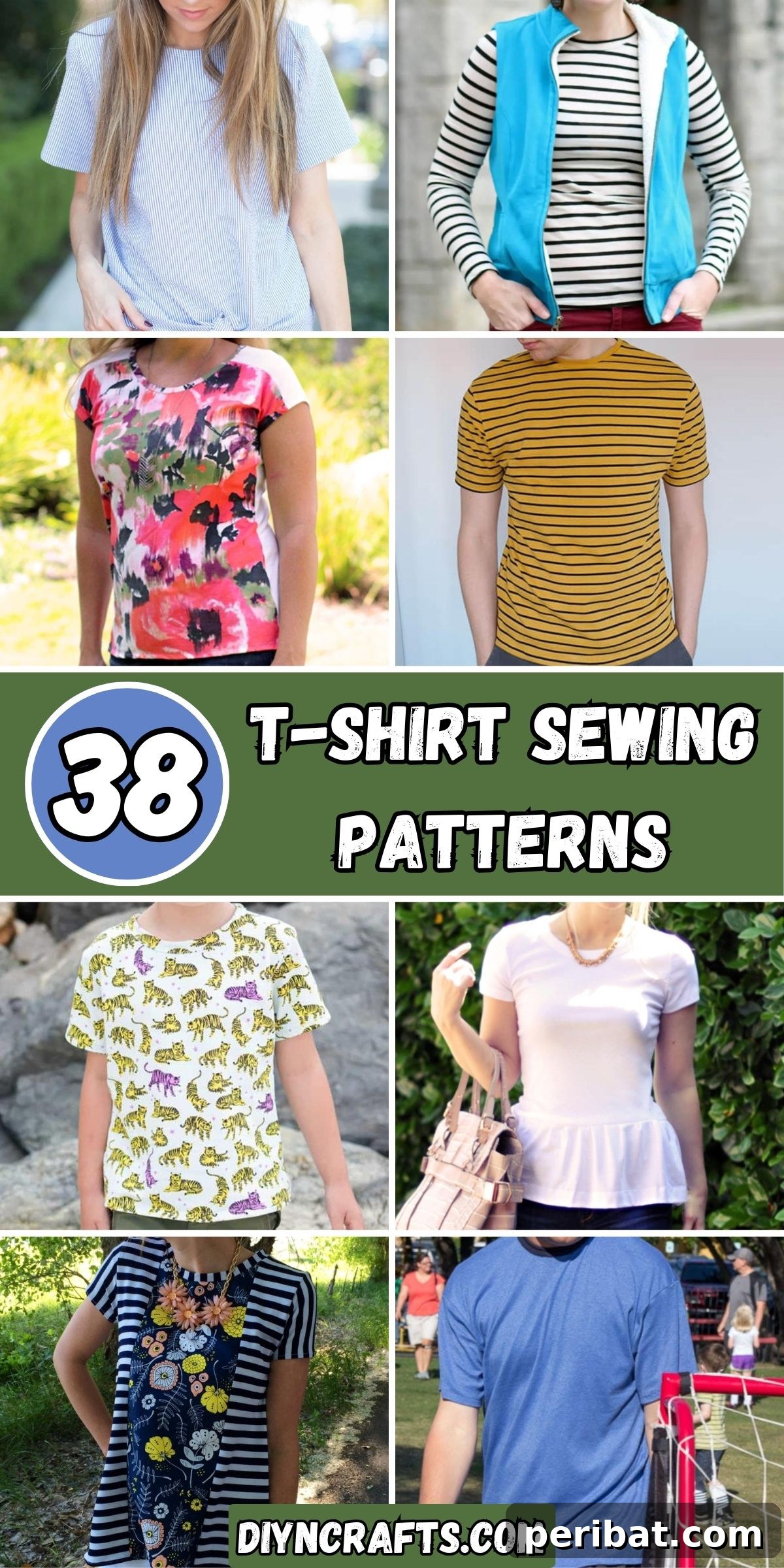 38 Creative T-Shirt Sewing Projects 2 A collage of 38 diverse T-Shirt sewing patterns, showcasing various styles, sleeve lengths, and necklines for men, women, and children. Perfect for inspiring your next DIY sewing project.