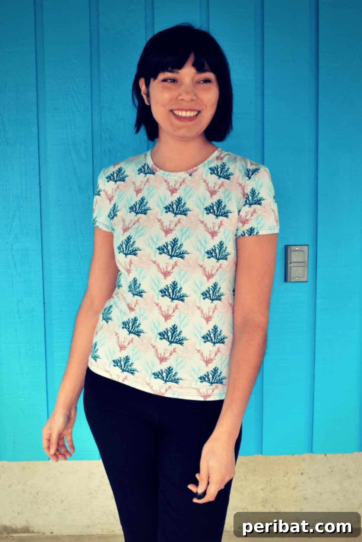 38 Creative T-Shirt Sewing Projects 27 A woman wearing an easy knit t-shirt, demonstrating a flattering fit and simple elegance for versatile everyday styling.