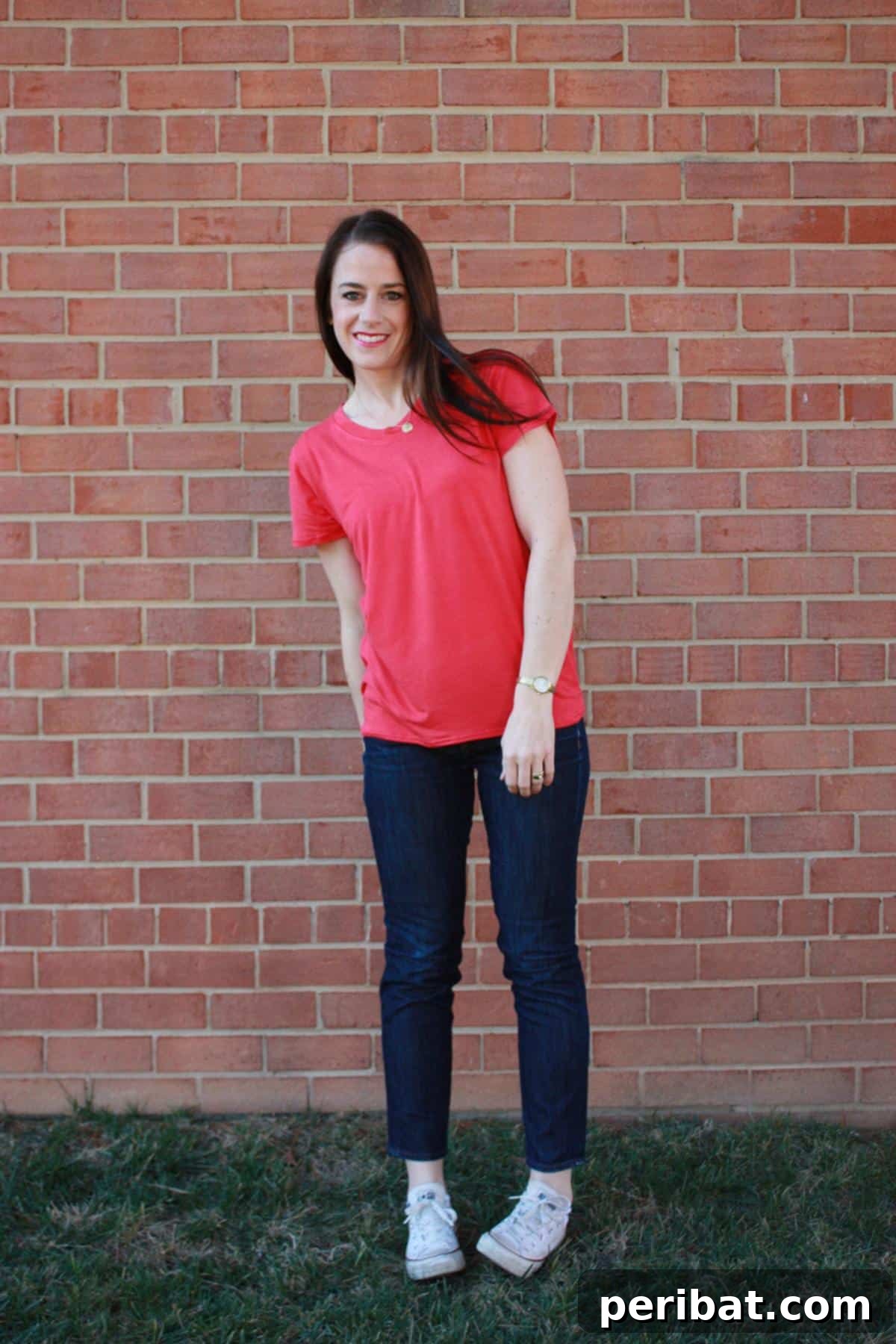 38 Creative T-Shirt Sewing Projects 7 A person wearing a simple, well-fitted knit tee shirt, demonstrating the versatility and comfort of a basic knit sewing project.