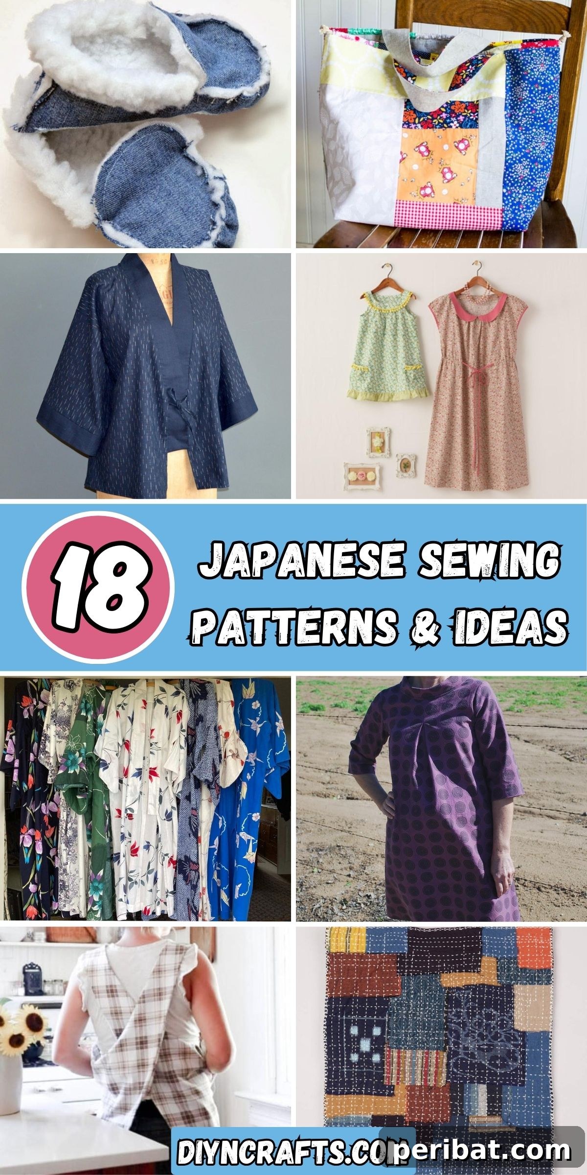 A collage featuring various Japanese sewing patterns and project ideas, including dresses, bags, and aprons.