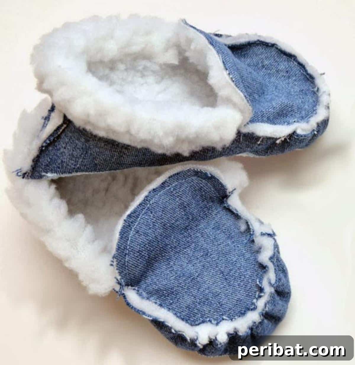 Cozy Japanese-style moccasin slippers made from upcycled denim jeans.