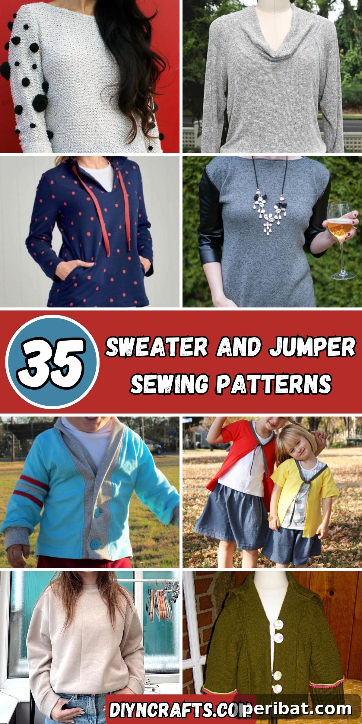 35 Sweater and Jumper Sewing Patterns collage. A comprehensive collection of diverse sewing patterns for sweaters and jumpers, perfect for any season and style.