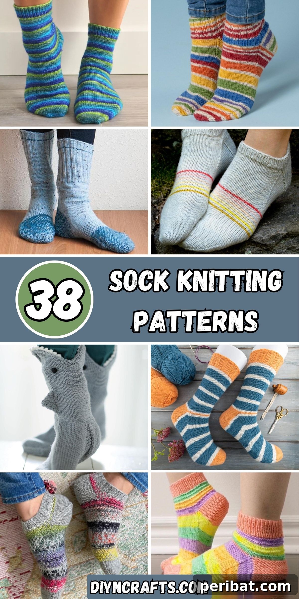 38 Cozy Sock Knitting Patterns 2 A vibrant collage showcasing 38 unique sock knitting patterns, inspiring creativity.