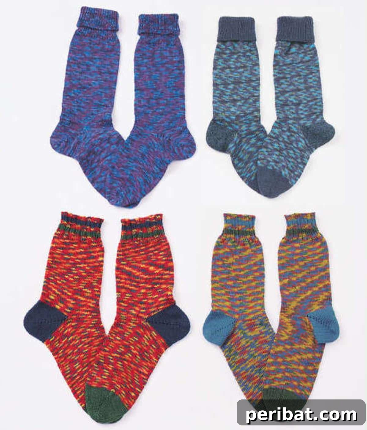 38 Cozy Sock Knitting Patterns 14 A pair of vibrant Free Darted Heel Basic Knit Socks, showcasing colorful yarn.