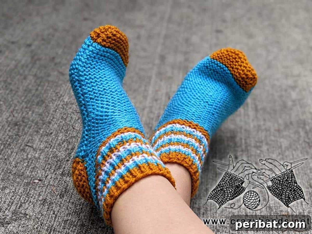 38 Cozy Sock Knitting Patterns 25 Cozy Knit Two-Needles Slipper Socks, showcasing vibrant color combinations.