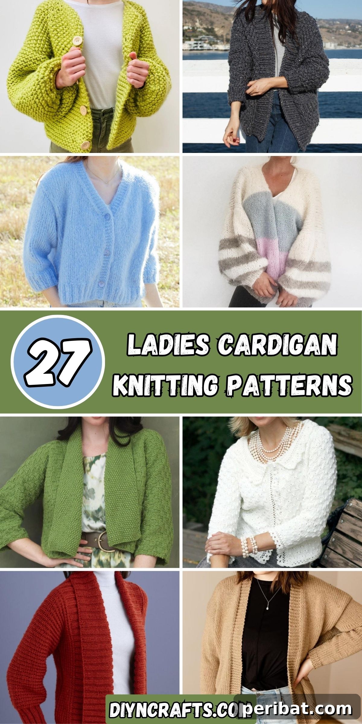 A vibrant collage showcasing 27 diverse ladies' cardigan knitting patterns, from simple designs to intricate textures and various necklines.