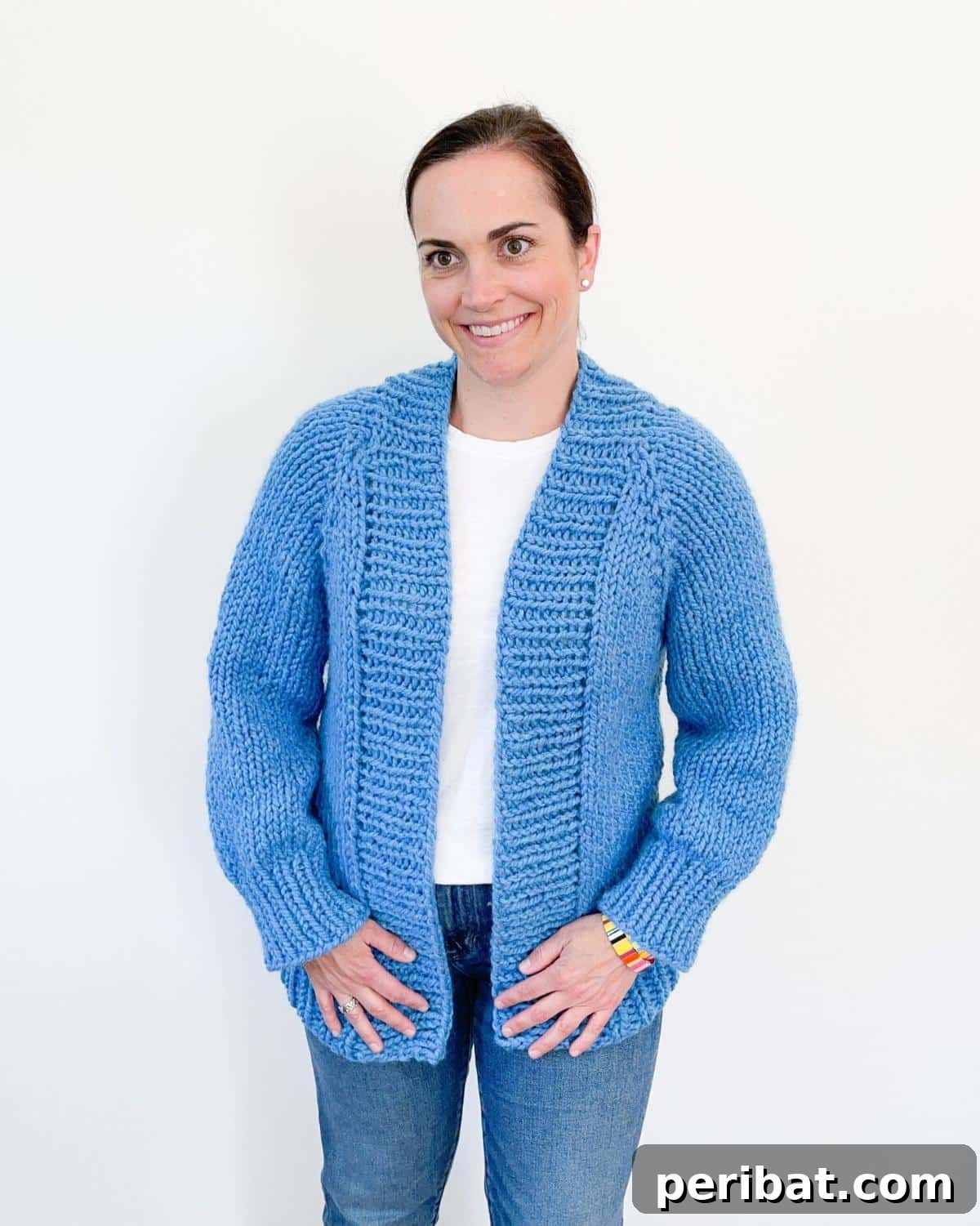 A clear image of a Simple Knit Cardigan Sweater, demonstrating the classic and approachable design ideal for beginners.