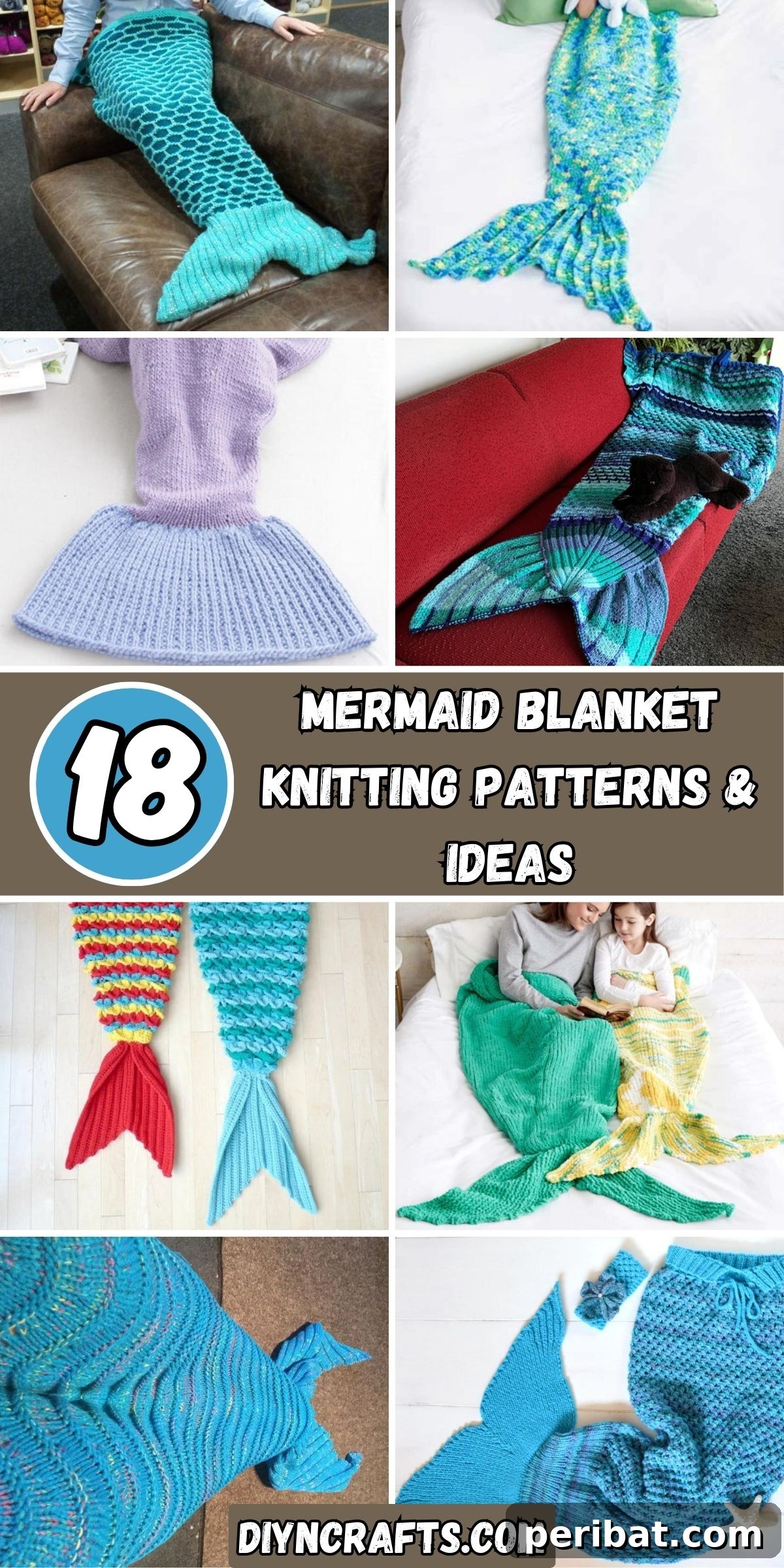A vibrant collage showcasing 18 unique mermaid blanket knitting patterns and ideas, perfect for cozying up.