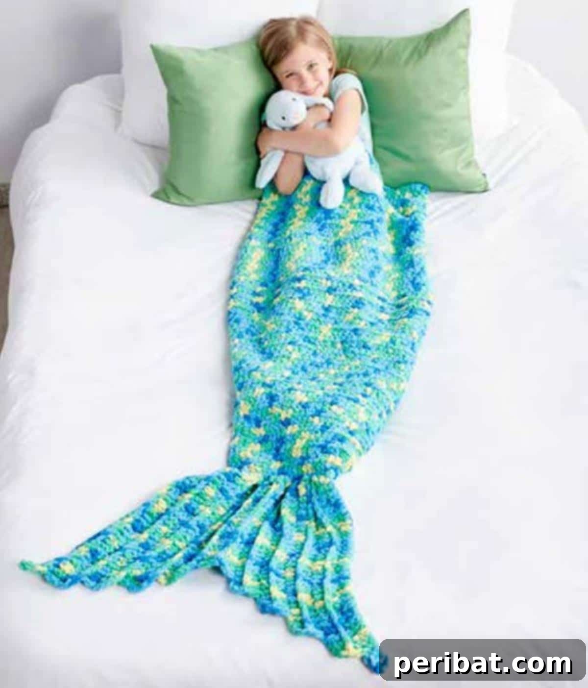 Mermaid Crochet Snuggle Sack, a bright and cozy project using Bernat Blanket Brights Big Ball yarn.