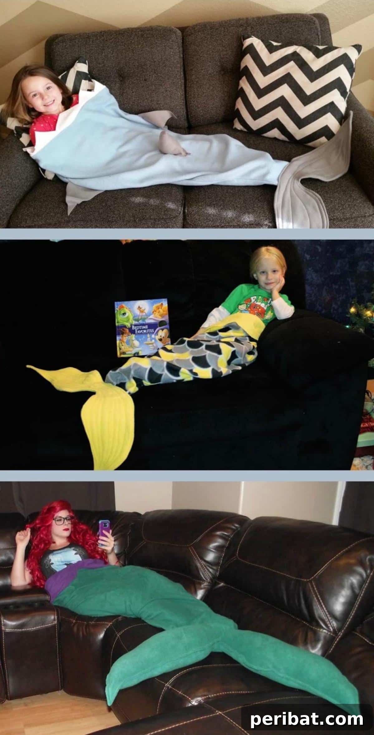 Shark/Mermaid Tail Blankets, a versatile knitting pattern for relaxing in either shark or mermaid style.