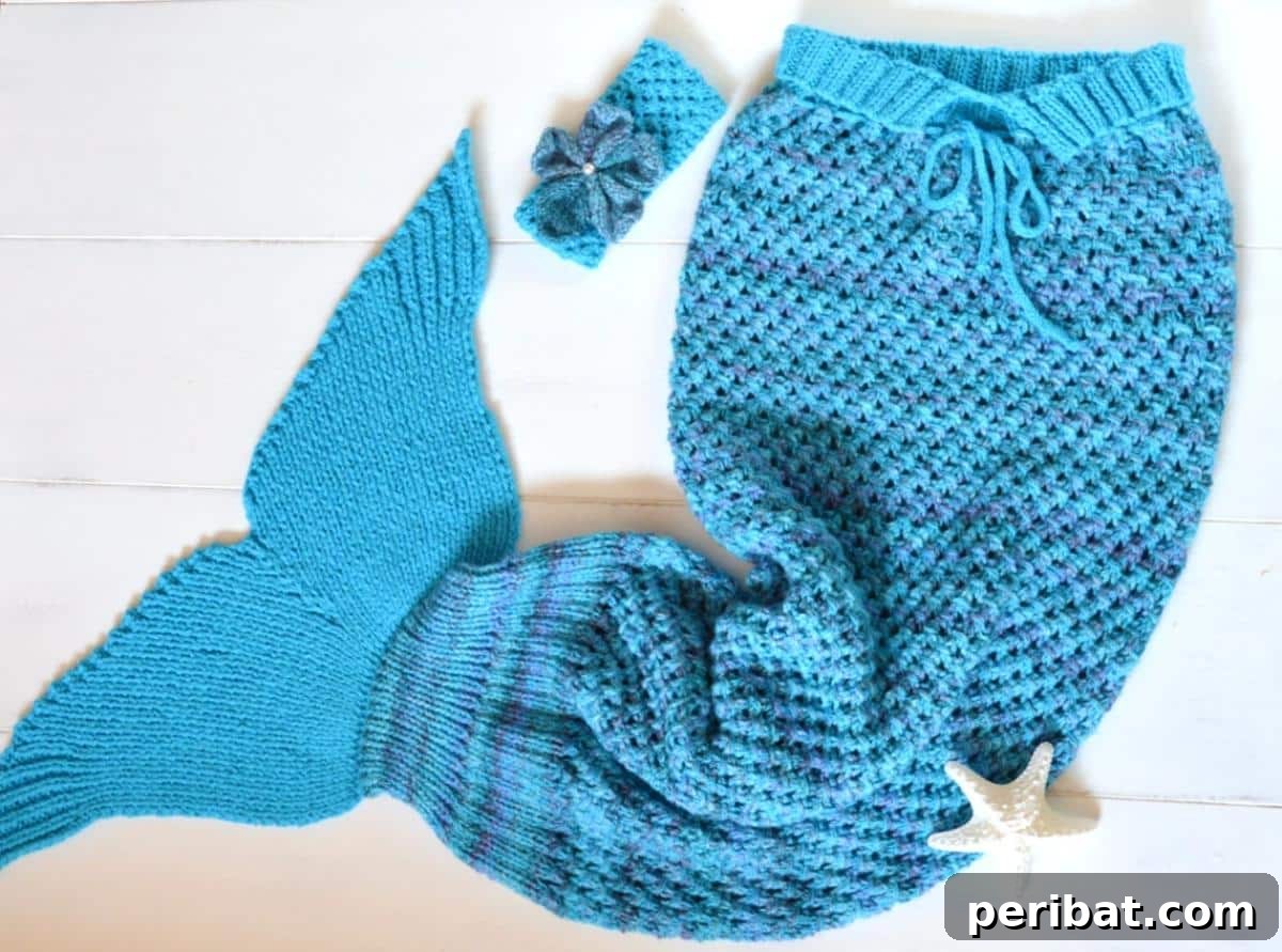 Knitting Pattern Mermaid Tail Blanket in 4 sizes, using chunky yarn for a snug, enchanting family project.