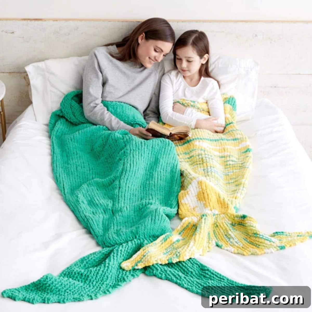 Bernat Knit Mermaid Snuggle Sacks, a pattern for creating cozy mermaid tail blankets with very bulky yarn.