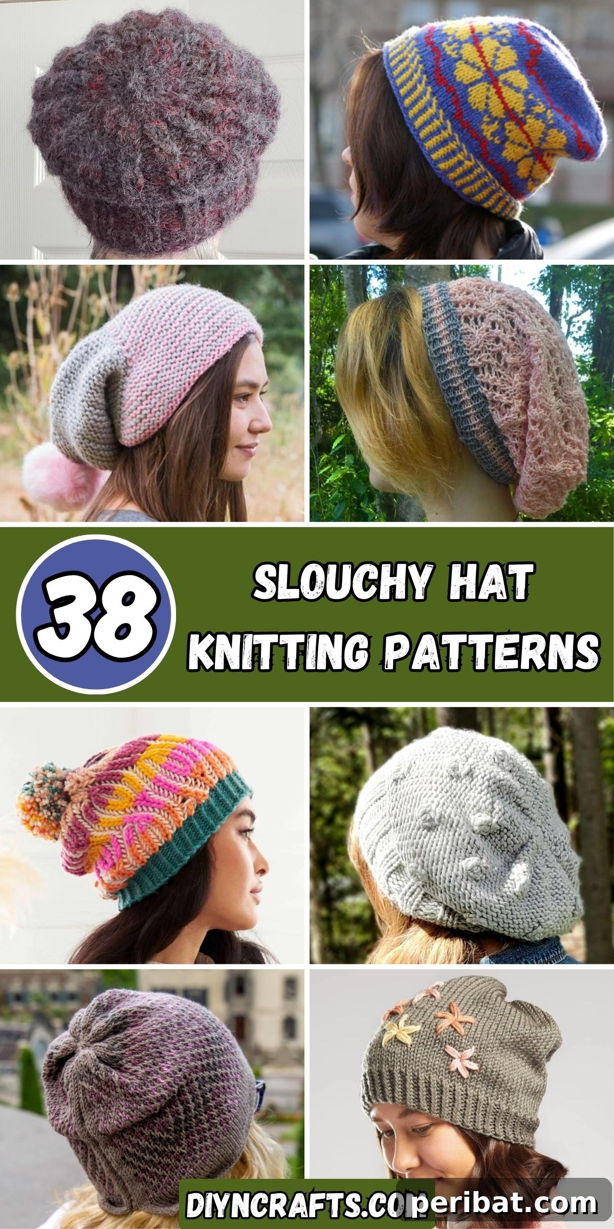 38 Cozy Slouchy Hat Knitting Patterns 2 A vibrant collage showcasing 38 diverse slouchy hat knitting patterns, highlighting various styles, textures, and yarn choices perfect for any knitter.
