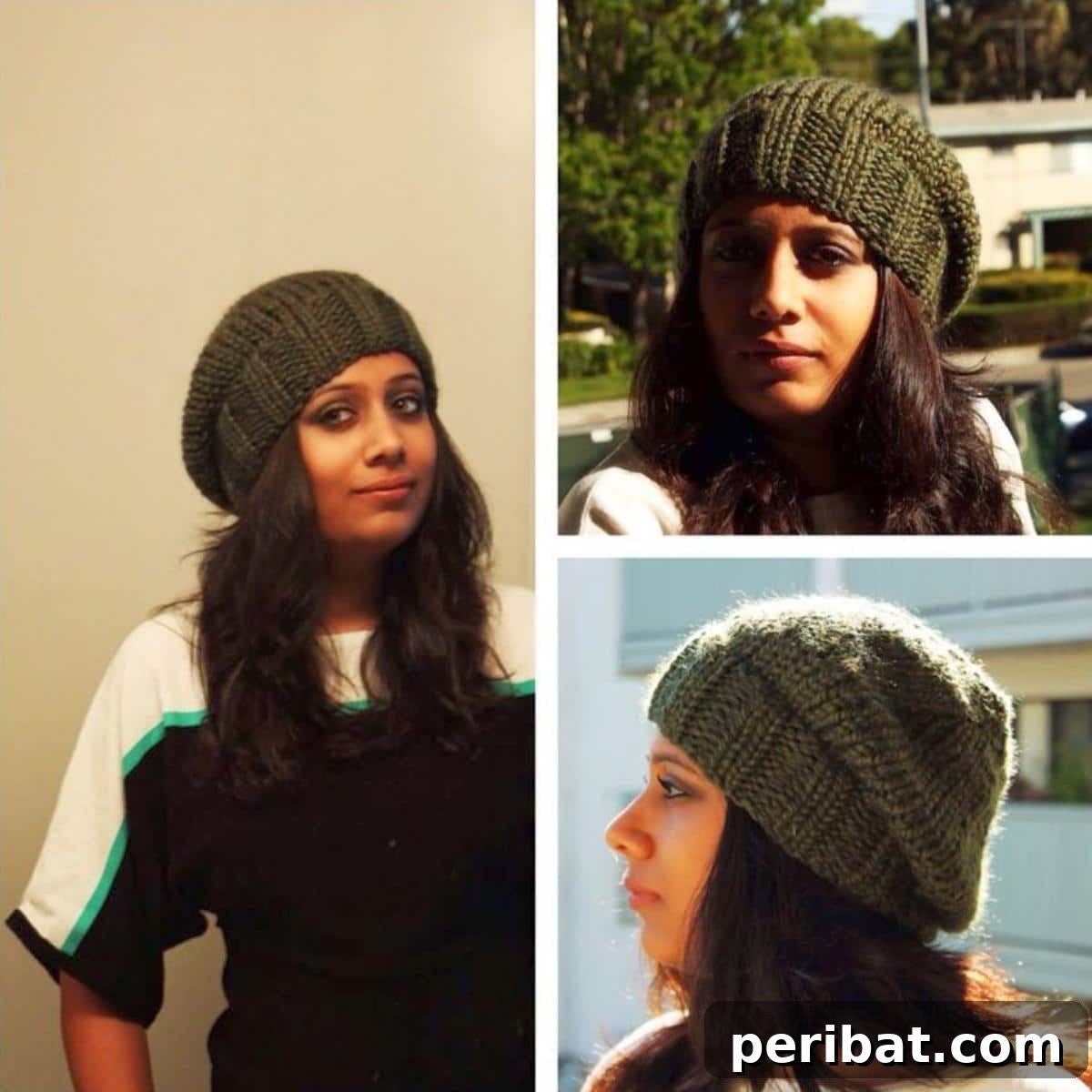 38 Cozy Slouchy Hat Knitting Patterns 27 Snuggly Slouchy Beret Collage knitting pattern, designed for quick knitting with super bulky yarn, perfect for crafting for a cause.