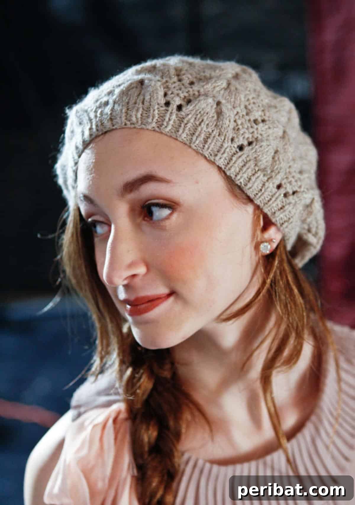 38 Cozy Slouchy Hat Knitting Patterns 34 Elegant Viveca Hat knitting pattern, featuring delicate cables and rustic appeal, perfect for new cable knitters.