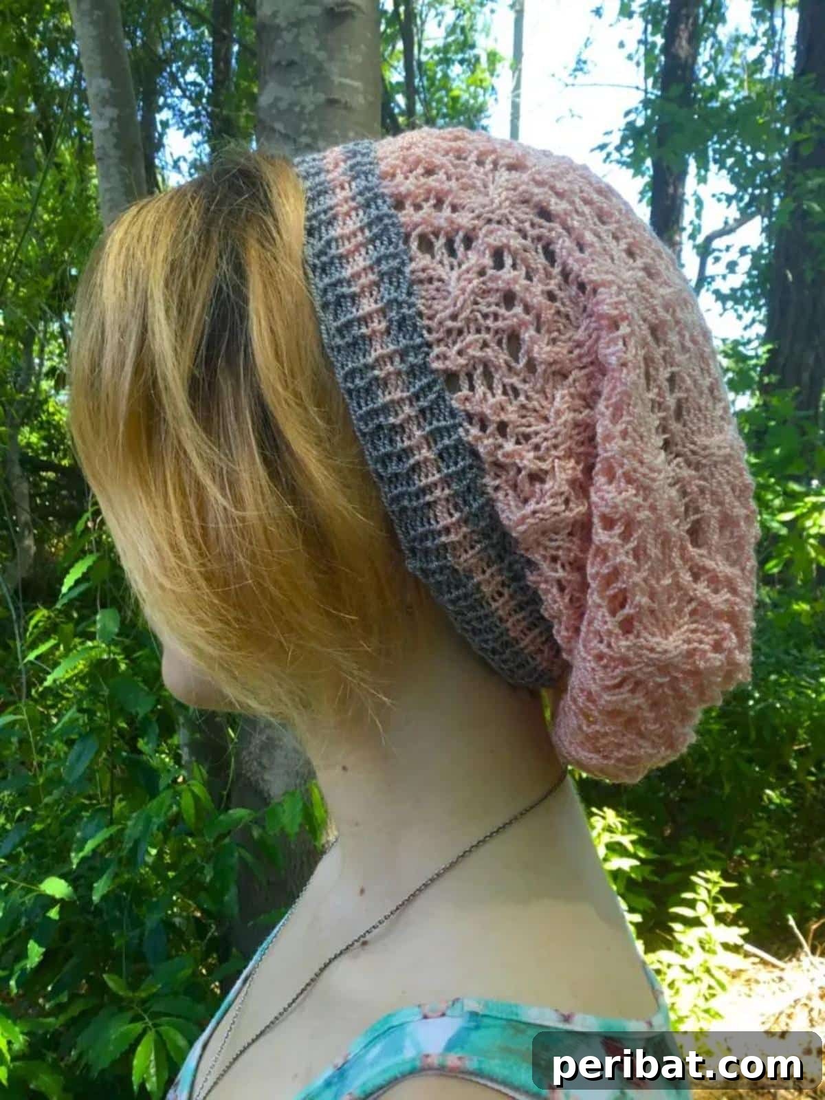 38 Cozy Slouchy Hat Knitting Patterns 9 Lightweight Gertrude Hat knitting pattern, featuring an elegant blend of lace and cables, perfect for spring and summer.