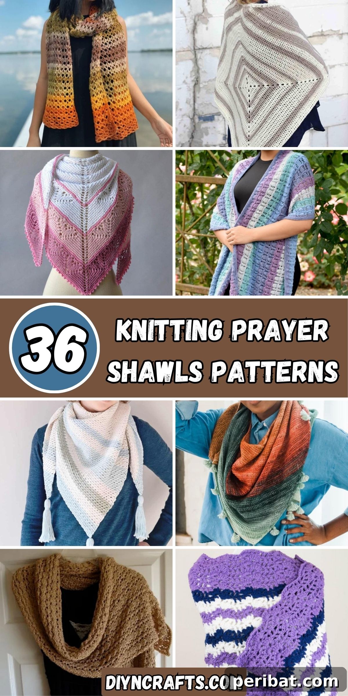 Divine Comfort: 36 Knitted Prayer Shawl Designs 2 A collage showcasing 36 diverse knitting and crochet prayer shawl patterns, from simple garter stitch to intricate lace and cables, inspiring crafters to create meaningful gifts of comfort and warmth.