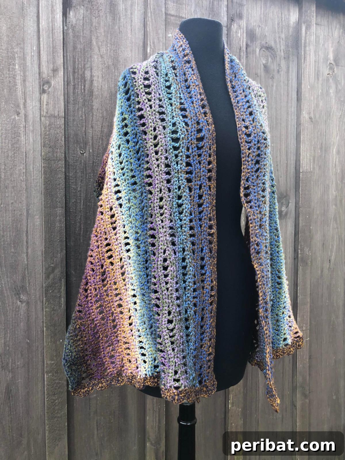 Divine Comfort: 36 Knitted Prayer Shawl Designs 19 A practical and stylish Rivers Shawl crochet pattern, featuring a variety of basic stitches for a rich textured finish and a versatile rectangular shape with simple edging.