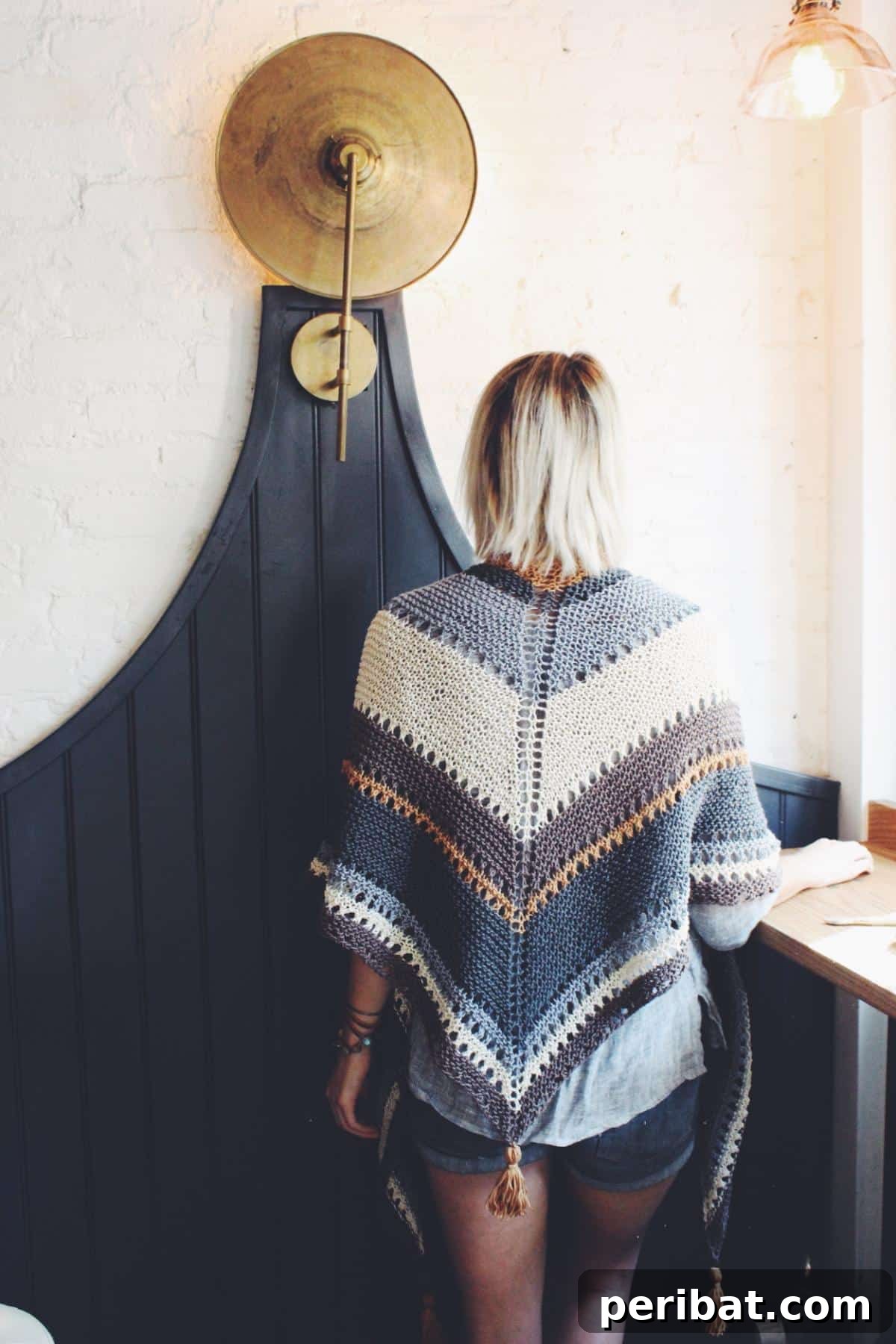 Divine Comfort: 36 Knitted Prayer Shawl Designs 22 A versatile and stylish Coffee Shop Wrap, featuring a stripe pattern and easy knit construction, perfect for coffee lovers and adaptable for all seasons.