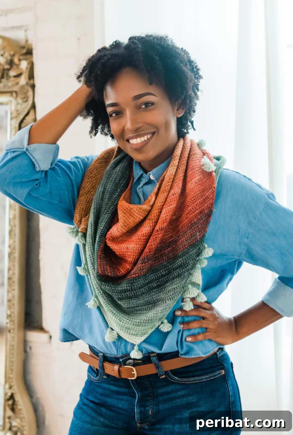 Divine Comfort: 36 Knitted Prayer Shawl Designs 33 A vibrant Rancher Shawl, a Tunisian Crochet Mini Skein Boomerang Shawl Pattern, ideal for utilizing small skeins to create a gorgeous gradient effect.