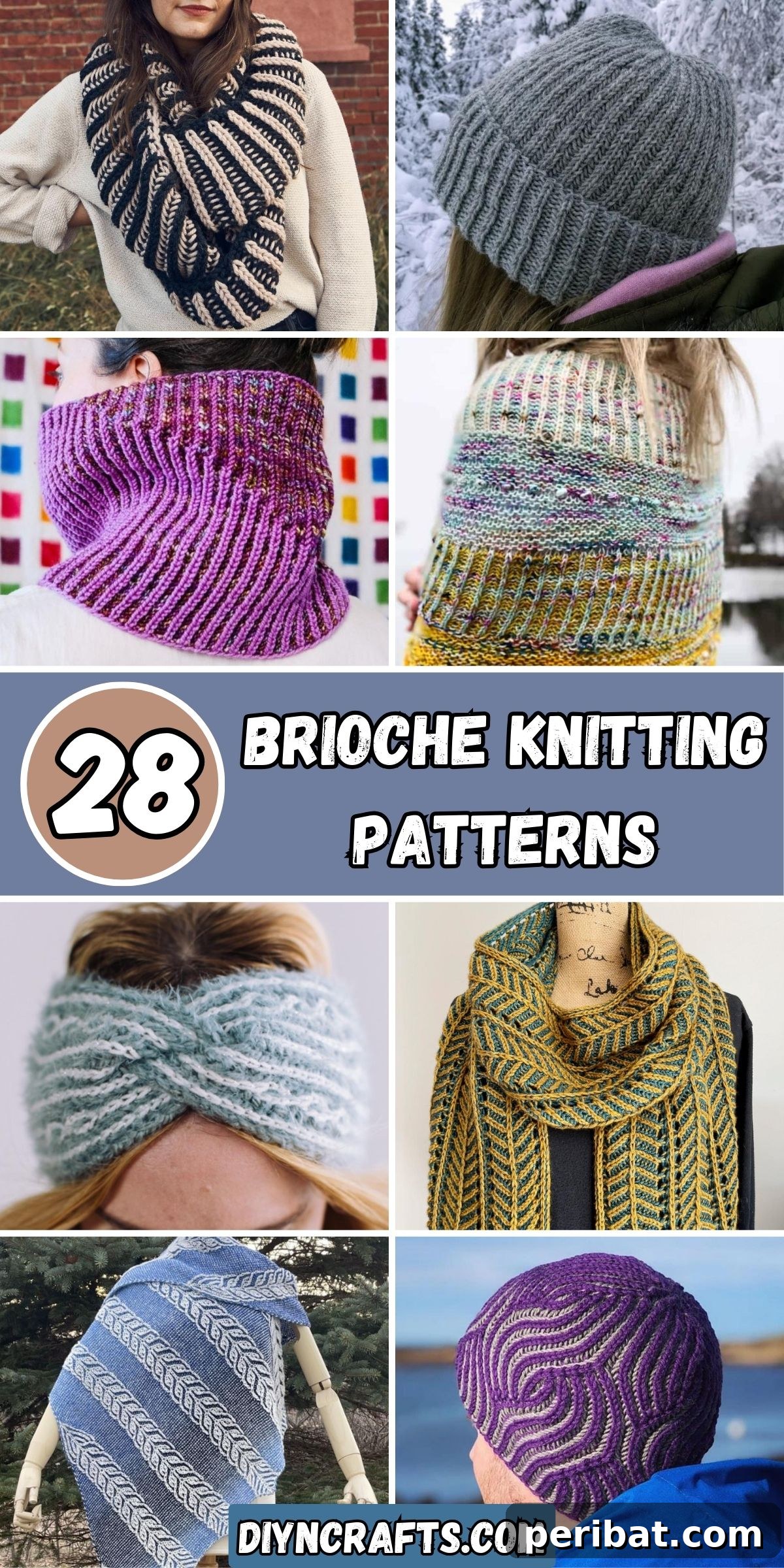28 Brioche Knitting Patterns collage. A visually appealing collage showcasing various brioche knit items like shawls, scarves, hats, and sweaters in different colors and textures, highlighting the versatility of brioche knitting.