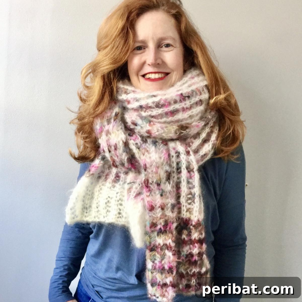 Big Brioche Scarf, an airy mohair scarf with a plush softness, showcasing single and two-color brioche stitches.