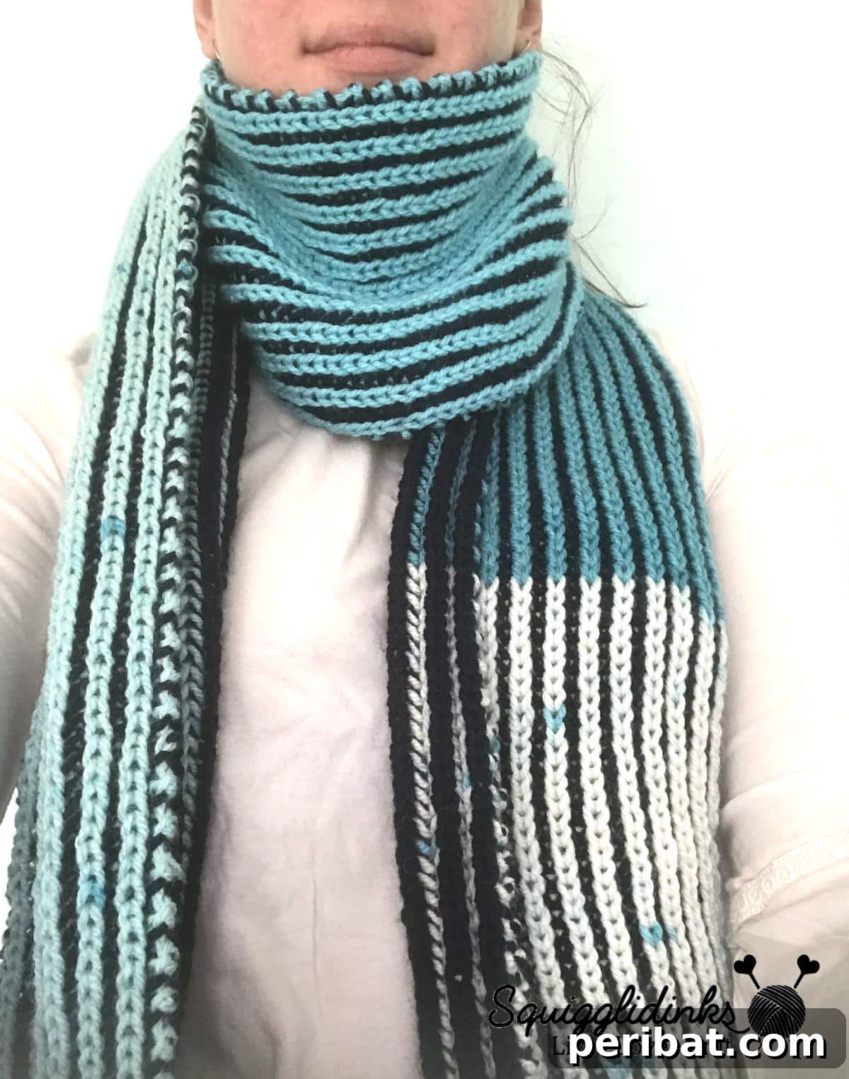 Easy Color Block Brioche Scarf, a vibrant scarf featuring automatic color changes in distinct blocks, perfect for beginners.