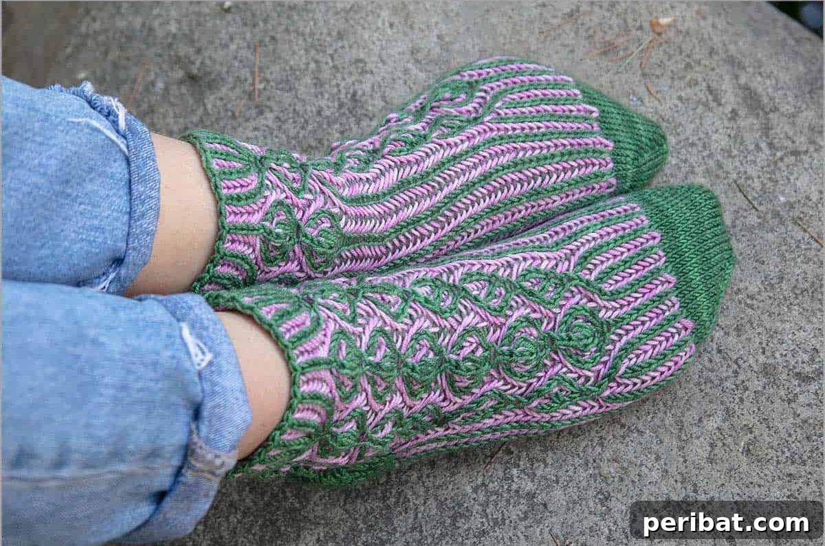 Lollipop Forest Socks, colorful brioche socks featuring playful patterns and made with comfortable sport-weight yarn.
