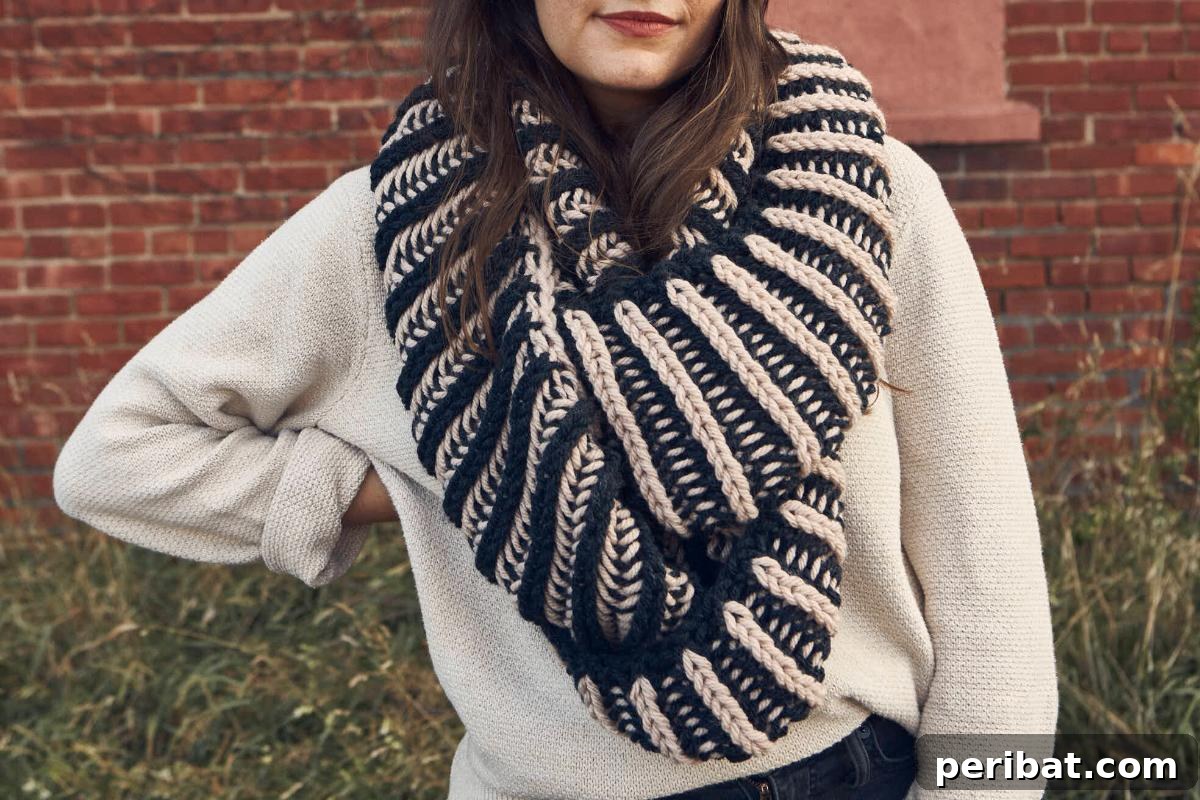 Illusionist Infinity Scarf, a chunky brioche infinity scarf featuring optical illusions created through its unique ribbing.