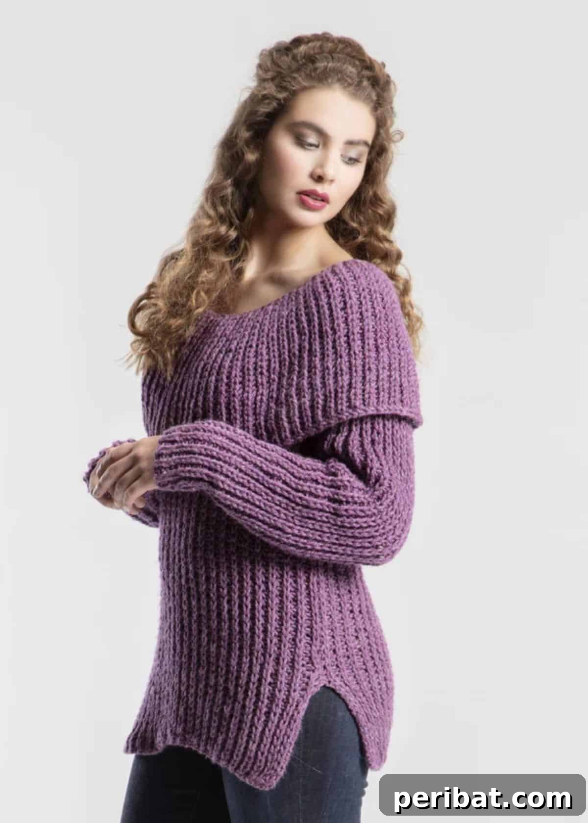 Andromeda Cowl Neck Sweater, a mid-thigh-length pullover with split sides and a wide cowl collar, made using Half Fisherman’s Rib.