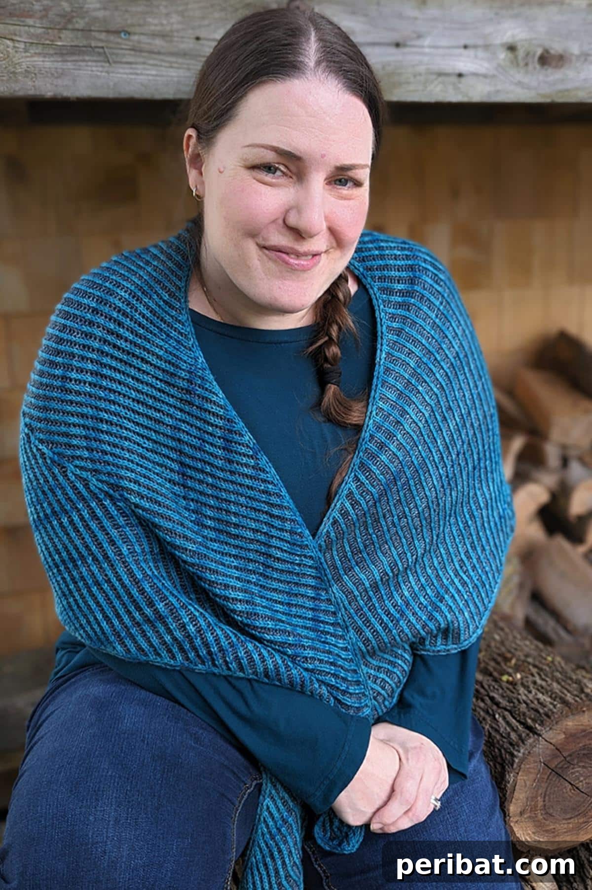 Angle and Inclination Brioche Shawl, an asymmetric design with bold vertical stripes and a unique kite shape.
