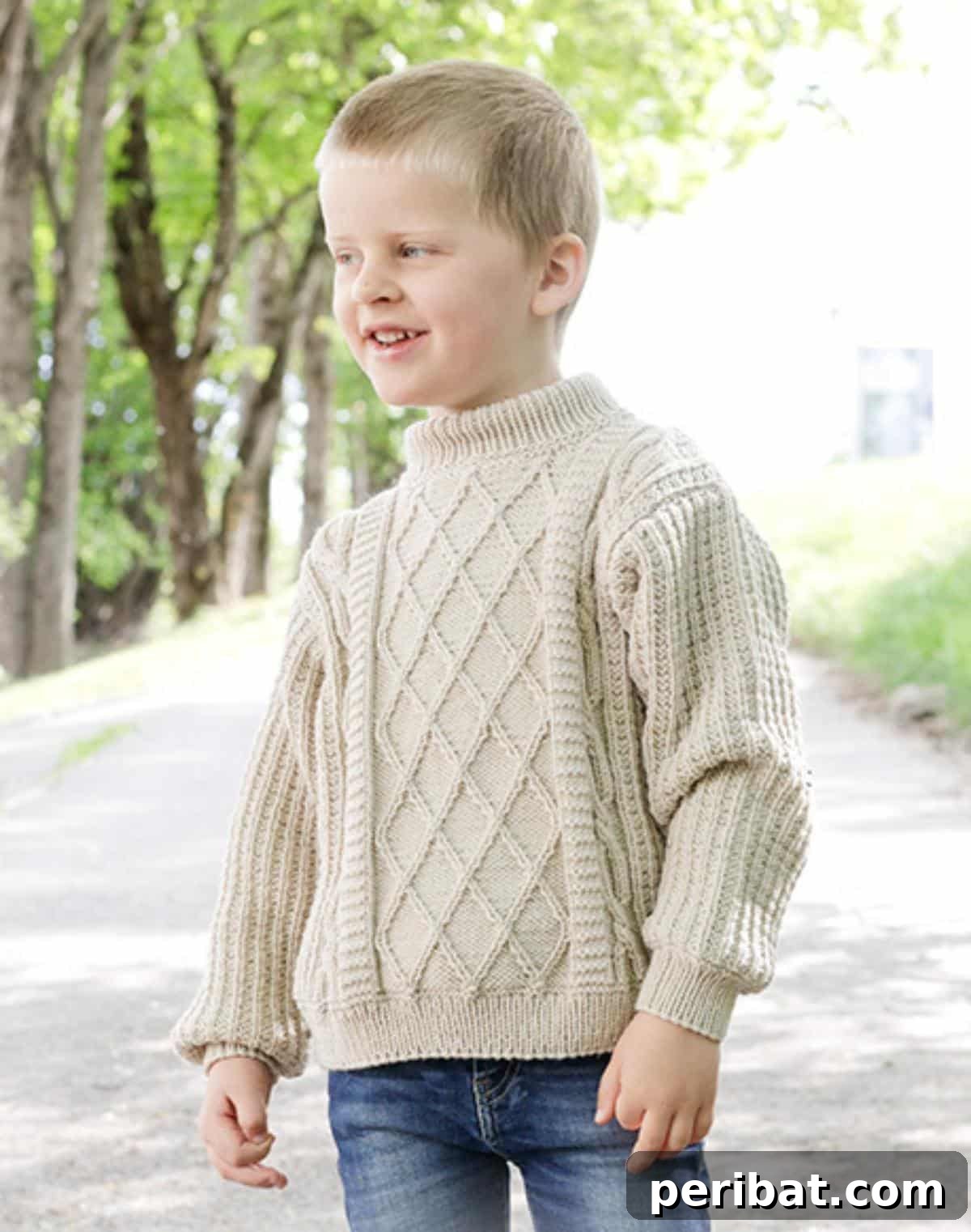 18 Timeless Aran Knitting Patterns 3 Ocean Ropes Knitted Sweater with intricate cable designs, perfect for children.