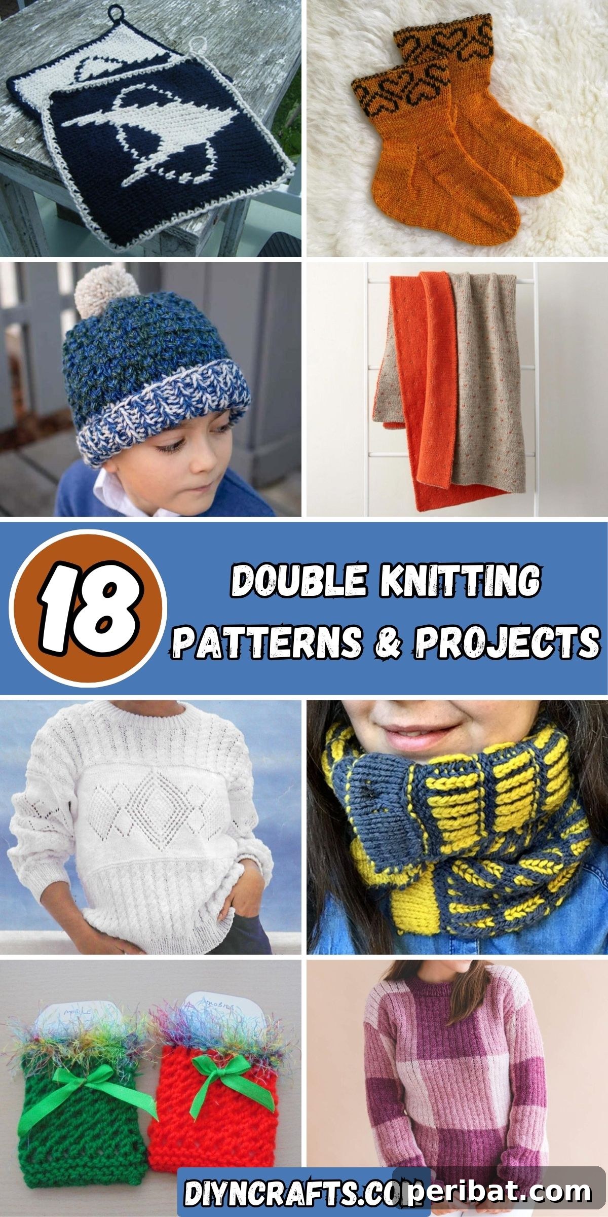 18 Creative Double Knitting Designs 2 18 Double Knitting Patterns & Projects collage. Discover reversible hats, cozy scarves, stylish sweaters, and unique home decor ideas with double knitting techniques. Perfect for all skill levels.